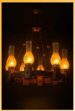 Traditional 8-light chandelier with lantern frosted glass and bronze chain design – Model 206-8 by Checkmark-side-view-light-on