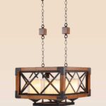 Rectangular wooden and metal 4-light chandelier with crisscross frame, dual hanging chains, and frosted double-glass shades – Checkmark model 207-4, bulbs not included.-side-view