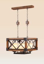 Rectangular wooden and metal 4-light chandelier with crisscross frame, dual hanging chains, and frosted double-glass shades – Checkmark model 207-4, bulbs not included.-side-view