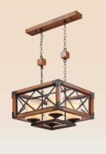 Rectangular wooden and metal 4-light chandelier with crisscross frame, dual hanging chains, and frosted double-glass shades – Checkmark model 207-4, bulbs not included.