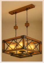 Rectangular wooden and metal 4-light chandelier with crisscross frame, dual hanging chains, and frosted double-glass shades – Checkmark model 207-4, bulbs not included.