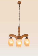 Three-light wooden chandelier with curved arms and etched floral frosted glass shades, hanging by a bronze chain from a wooden canopy – Model 208-3 -side-view
