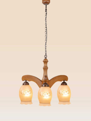 Three-light wooden chandelier with curved arms and etched floral frosted glass shades, hanging by a bronze chain from a wooden canopy – Model 208-3 -side-view