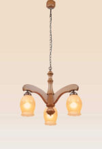 Three-light wooden chandelier with curved arms and etched floral frosted glass shades, hanging by a bronze chain from a wooden canopy – Model 208-3