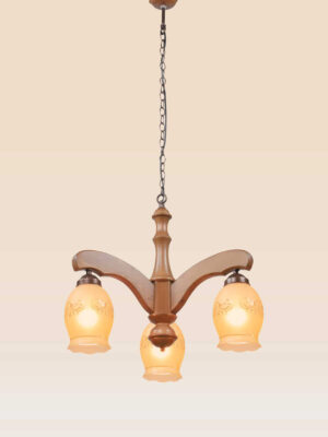 Three-light wooden chandelier with curved arms and etched floral frosted glass shades, hanging by a bronze chain from a wooden canopy – Model 208-3