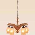 Five-light wooden chandelier with arched arms and floral frosted glass shades, suspended by a chain from a wood canopy – Model 208-5-side-view