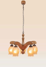 Five-light wooden chandelier with arched arms and floral frosted glass shades, suspended by a chain from a wood canopy – Model 208-5-side-view