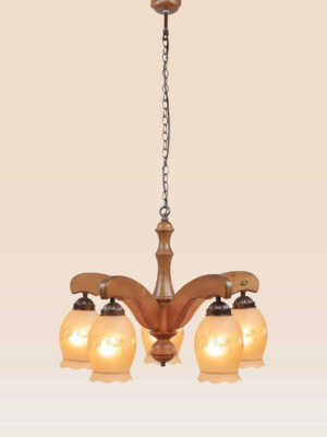 Five-light wooden chandelier with arched arms and floral frosted glass shades, suspended by a chain from a wood canopy – Model 208-5-side-view