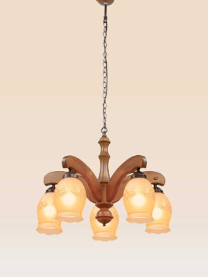 Five-light wooden chandelier with arched arms and floral frosted glass shades, suspended by a chain from a wood canopy – Model 208-5