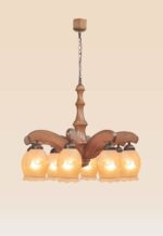8-light wooden chandelier with curved arms and floral frosted glass tulip shades, model 205-8, distributed by Checkmark in Dubai-side-view