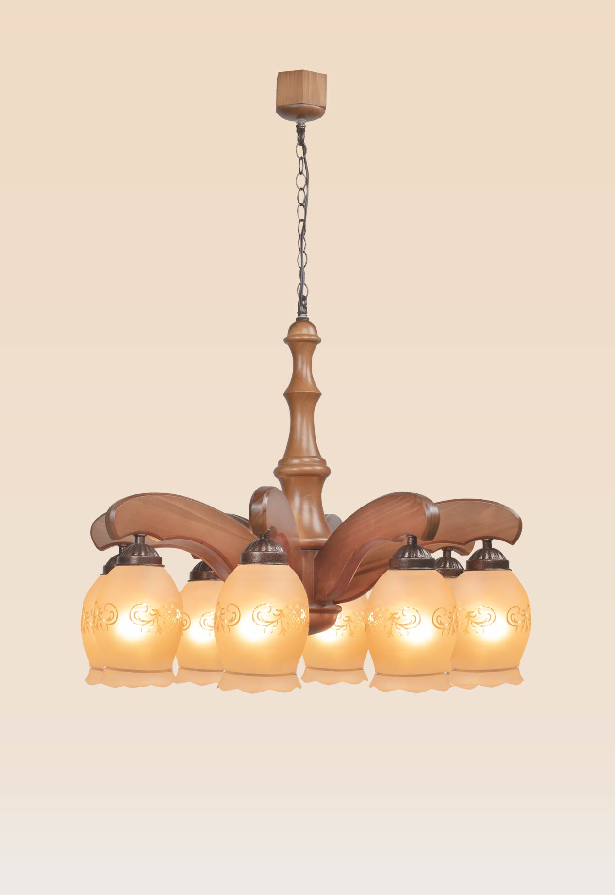 wooden-chandelier-warm-light-dubai-checkmark-208-8- 8-light wooden chandelier with curved arms and floral frosted glass tulip shades, model 205-8, distributed by Checkmark in Dubai-side-view