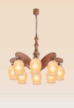 8-light wooden chandelier with curved arms and floral frosted glass tulip shades, model 205-8, distributed by Checkmark in Dubai