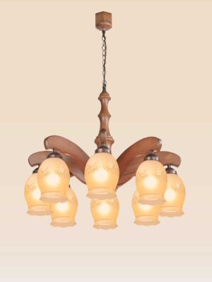 8-light wooden chandelier with curved arms and floral frosted glass tulip shades, model 205-8, distributed by Checkmark in Dubai