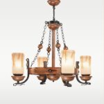 Rustic 4-light wooden chandelier with amber frosted glass shades and circular frame, model 209-4, distributed by Checkmark in Dubai -side-view