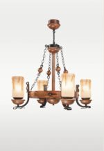 Rustic 4-light wooden chandelier with amber frosted glass shades and circular frame, model 209-4, distributed by Checkmark in Dubai -side-view