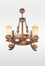 Rustic 4-light wooden chandelier with amber frosted glass shades and circular frame, model 209-4, distributed by Checkmark in Dubai