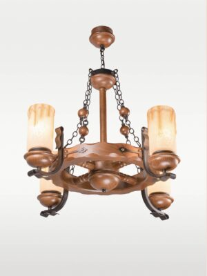 Rustic 4-light wooden chandelier with amber frosted glass shades and circular frame, model 209-4, distributed by Checkmark in Dubai