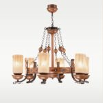 Wooden chandelier 209-6 with six frosted amber glass shades, circular carved wooden frame, wrought iron arms, and chain suspension by DARKAR Lighting Industries