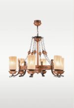 Wooden chandelier 209-6 with six frosted amber glass shades, circular carved wooden frame, wrought iron arms, and chain suspension by DARKAR Lighting Industries
