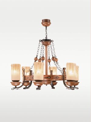 Wooden chandelier 209-6 with six frosted amber glass shades, circular carved wooden frame, wrought iron arms, and chain suspension by DARKAR Lighting Industries