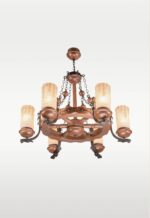 Rustic 6-light chandelier with frosted amber glass shades, carved wooden frame, and iron detailing — model 209-6, distributed by Checkmark