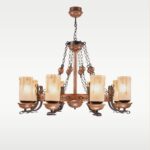 Wooden chandelier 209-8 with circular wagon-wheel frame, eight frosted amber glass shades, wrought iron arms, and chain suspension by DARKAR Lighting Industries."