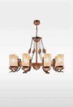 Wooden chandelier 209-8 with circular wagon-wheel frame, eight frosted amber glass shades, wrought iron arms, and chain suspension by DARKAR Lighting Industries."