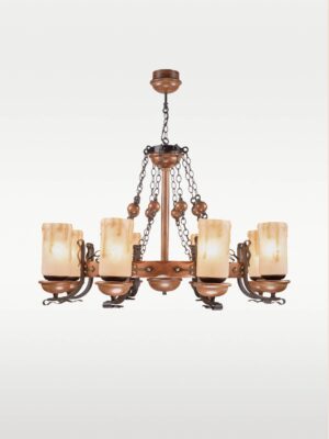 Wooden chandelier 209-8 with circular wagon-wheel frame, eight frosted amber glass shades, wrought iron arms, and chain suspension by DARKAR Lighting Industries."