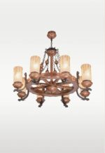 Rustic 8-light chandelier with wagon wheel-style wooden frame, frosted amber glass shades, and curved iron arms — model 209-8, distributed by Checkmark