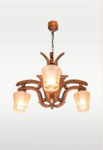 Wooden 3-light chandelier with curved arms and floral frosted glass shades — model 210-3, distributed by Checkmark