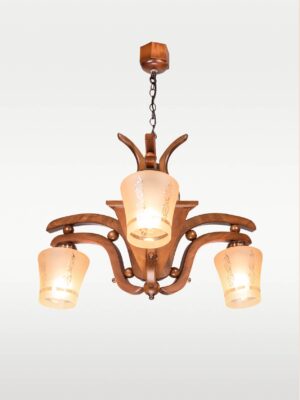 Wooden 3-light chandelier with curved arms and floral frosted glass shades — model 210-3, distributed by Checkmark