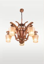 Model 210-5 wooden chandelier with flowing arms and frosted floral glass shades — 5-light fixture distributed by Checkmark -side-view
