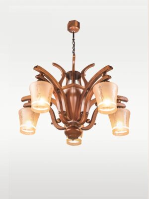 Model 210-5 wooden chandelier with flowing arms and frosted floral glass shades — 5-light fixture distributed by Checkmark -side-view
