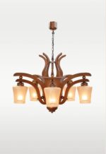 Model 210-5 wooden chandelier with flowing arms and frosted floral glass shades — 5-light fixture distributed by Checkmark
