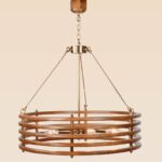 Wooden chandelier 212 with circular layered slat frame, antique brass fittings, and exposed bulbs, designed by DARKAR Lighting Industries.
