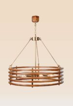 Wooden chandelier 212 with circular layered slat frame, antique brass fittings, and exposed bulbs, designed by DARKAR Lighting Industries.