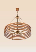 Model 212 wooden ring chandelier with exposed bulbs and brass fittings — modern 5-light fixture distributed by Checkmark -side-view