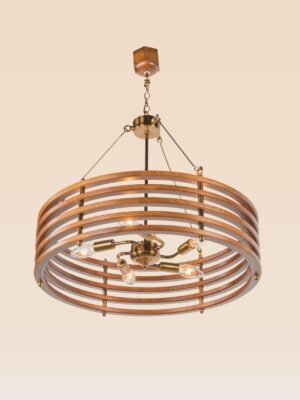 Model 212 wooden ring chandelier with exposed bulbs and brass fittings — modern 5-light fixture distributed by Checkmark -side-view