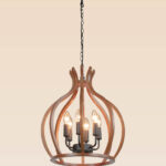 Model 214 wooden chandelier with tulip-inspired curves and 5 candle bulbs — sculptural lighting by Checkmark