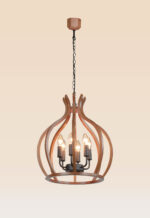 Model 214 wooden chandelier with tulip-inspired curves and 5 candle bulbs — sculptural lighting by Checkmark