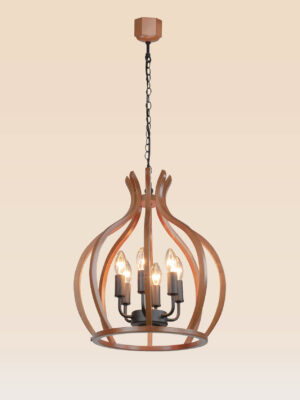Model 214 wooden chandelier with tulip-inspired curves and 5 candle bulbs — sculptural lighting by Checkmark