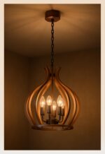 Model 214 wooden chandelier with tulip-inspired curves and 5 candle bulbs — sculptural lighting by Checkmark-light-on