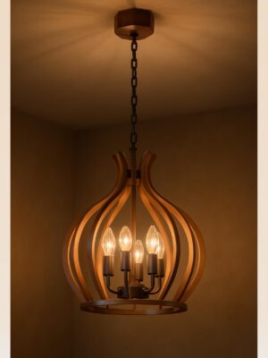 Model 214 wooden chandelier with tulip-inspired curves and 5 candle bulbs — sculptural lighting by Checkmark-light-on