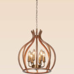 Wooden chandelier 214G with tulip-shaped wooden arcs, golden brass candle holders, and elegant rustic design by DARKAR Lighting Industries.