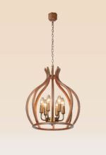 Wooden chandelier 214G with tulip-shaped wooden arcs, golden brass candle holders, and elegant rustic design by DARKAR Lighting Industries.