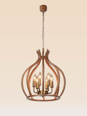 Wooden chandelier 214G with tulip-shaped wooden arcs, golden brass candle holders, and elegant rustic design by DARKAR Lighting Industries.