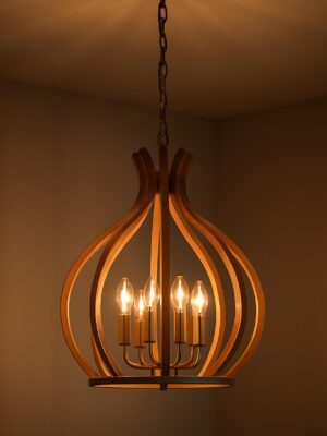Model 214G chandelier with curved wood design and golden candle holders — artistic lighting by Checkmark-light-on
