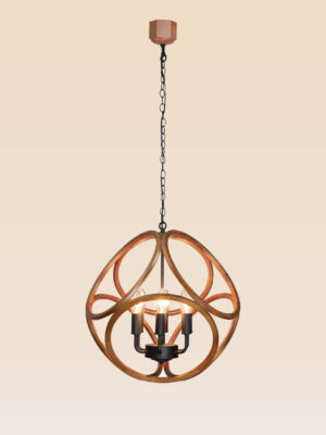 Checkmark 215 chandelier with sculpted wood orbit rings and 5 matte black candle holders — modern artistic design -side-view