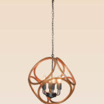 Wooden chandelier 215 with sculptural curved wooden loops, six candle bulbs, and matte black holders by DARKAR Lighting Industries.