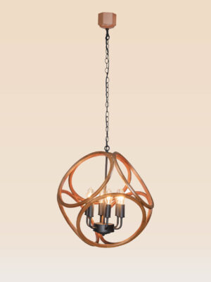 Wooden chandelier 215 with sculptural curved wooden loops, six candle bulbs, and matte black holders by DARKAR Lighting Industries.